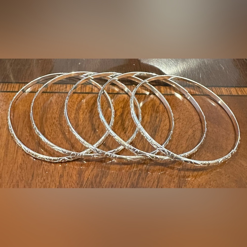 Set/5 Silver Tone Bangle Bracelets Intricate Swirl Design Fits up to Size 8 NEW